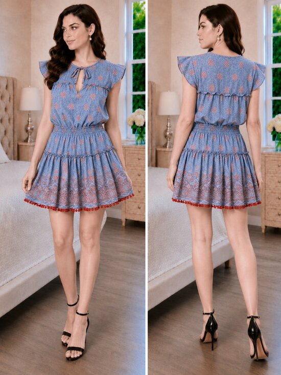 Misa Los Angeles Dresses & Skirts - MISA Tatiana Blue Red Flutter Sleeve Mini Dress $485